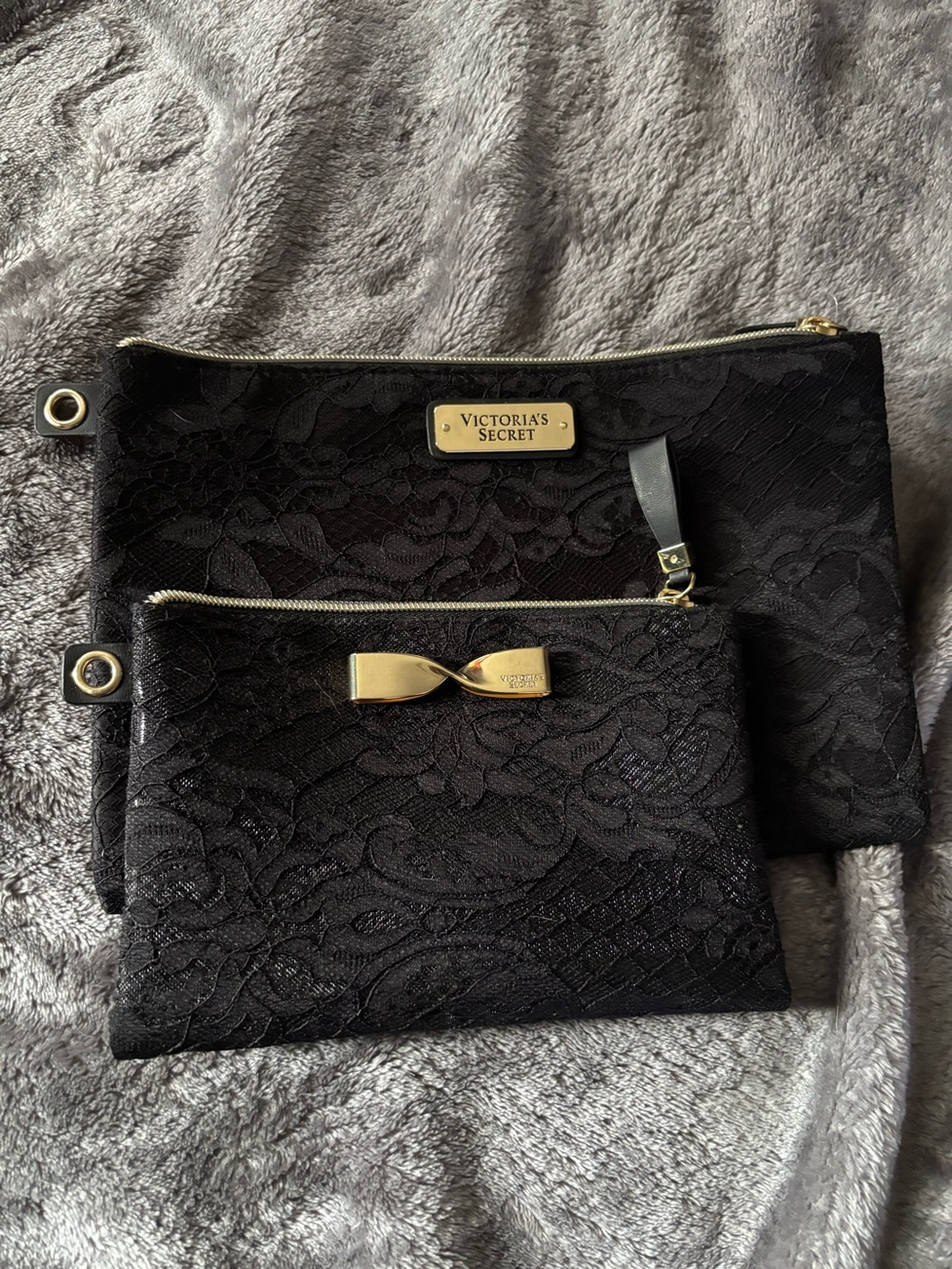 Victoria's Secret Black Lace Cosmetic Pouch Duo with Gold Accents